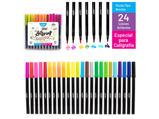 Set De 24 Marcadores Hey Lettering Punta Tipo Brocha Colores Brillantes Pointer