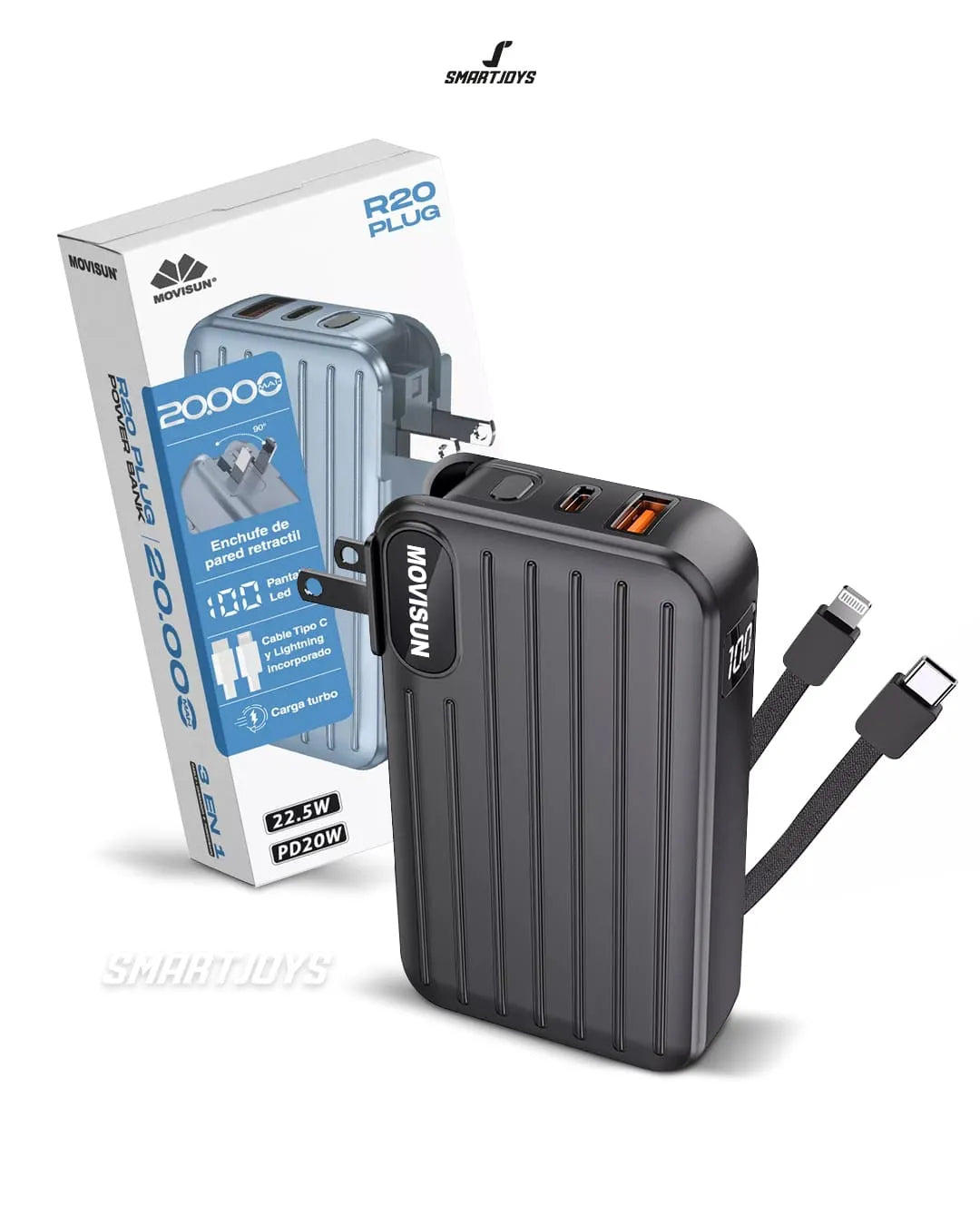 Powerbank 10000 Mah Con Echufe De Pared Retractil Y Pantalla Led Movisun