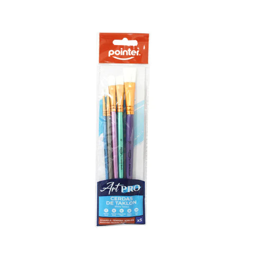 Set De Pinceles Cerdas Blancas De Taklon Redondo Angular Plano Y Lengua De Gato Por 5 Unidades Pointer Artpro