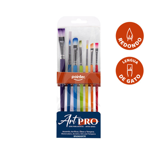 Set De Pinceles Cerdas Blancas Con Colores Por 7 Unidades Variados Pointer Artpro