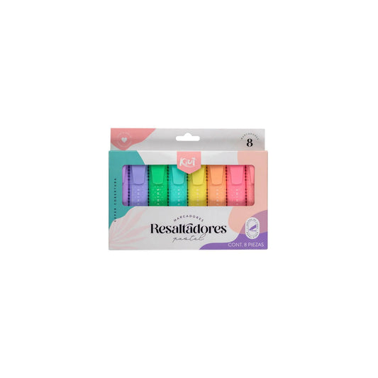 Caja De 8 Resaltadores Kiut Pastel Doble Trazo