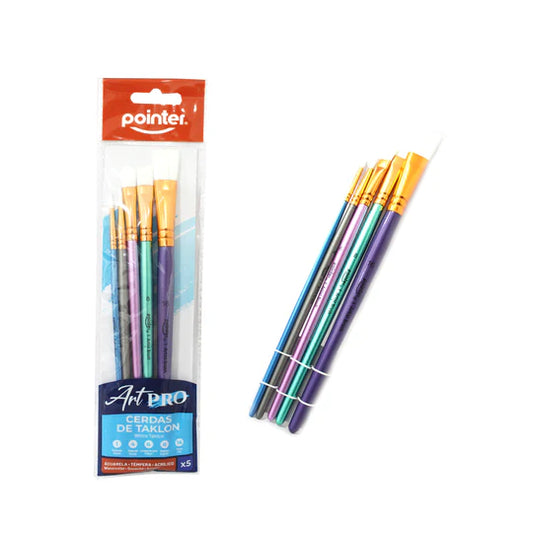 Set De Pinceles Cerdas Blancas De Taklon Redondo Angular Plano Y Lengua De Gato Por 5 Unidades Pointer Artpro