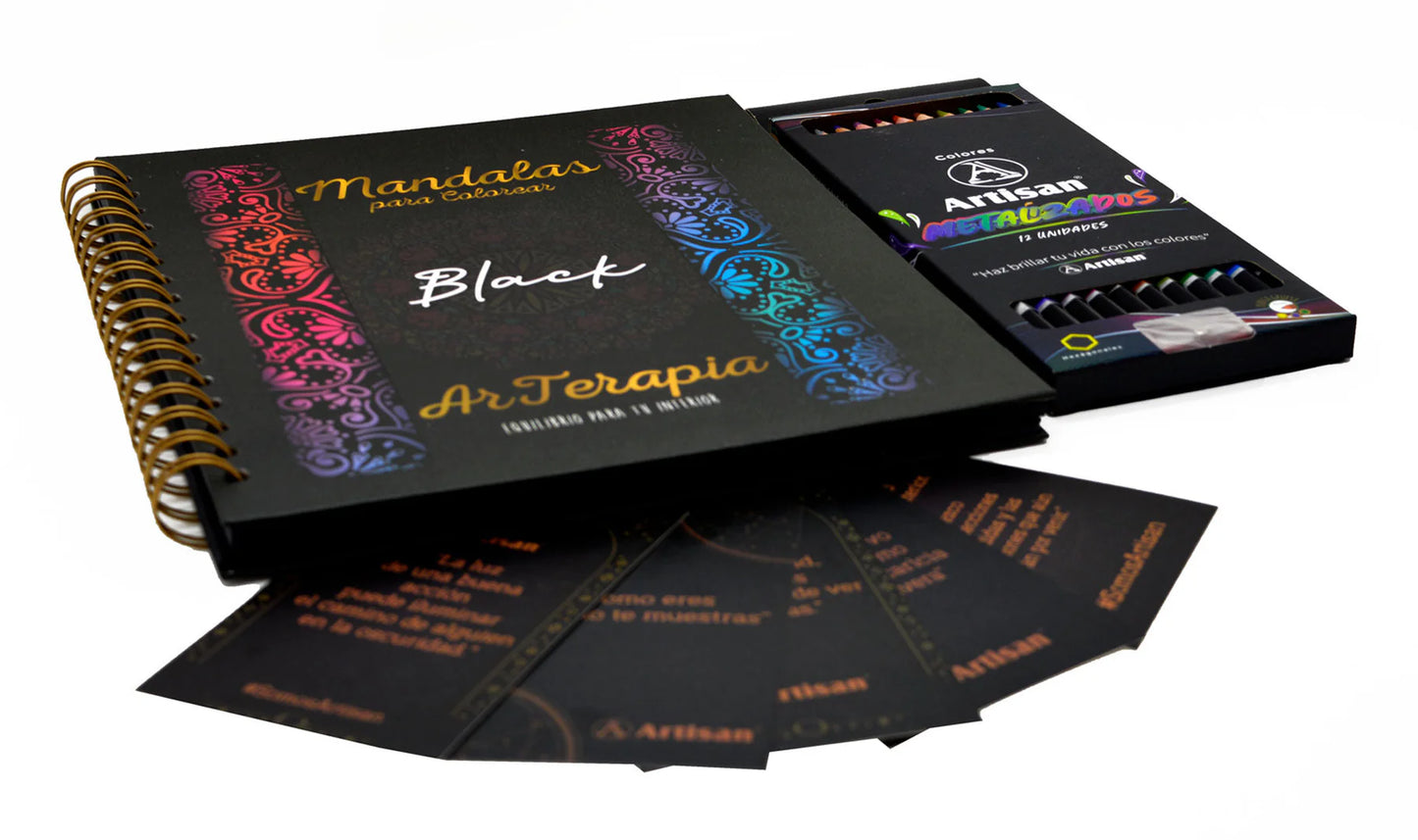 Arteterapia Set Mandalas Para Colorear Black Con 12 Colores Pastel