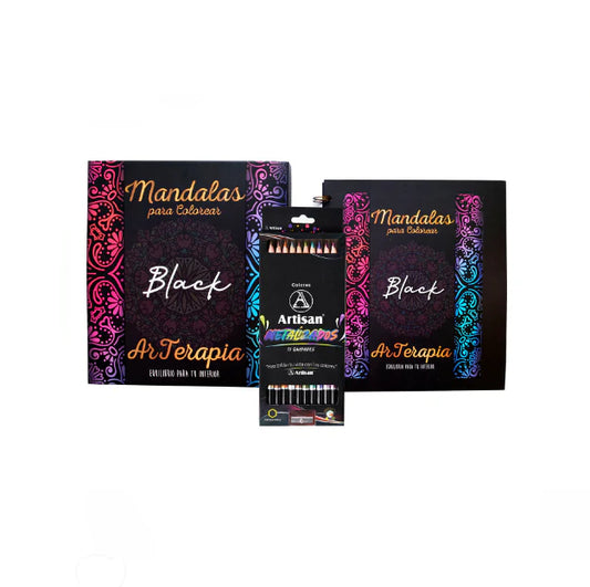Arteterapia Set Mandalas Para Colorear Black Con 12 Colores Pastel