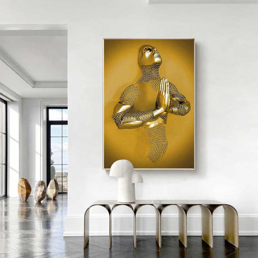 Cuadro Decorativo - Hombre con Manos Unidas en Color Dorado