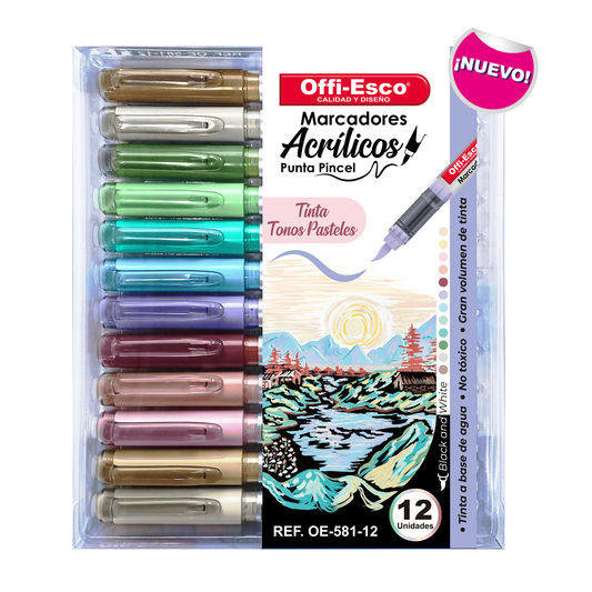 Set De 12 Marcadores Acrilicos Punta Pincel Offi-Esco Color Pastel