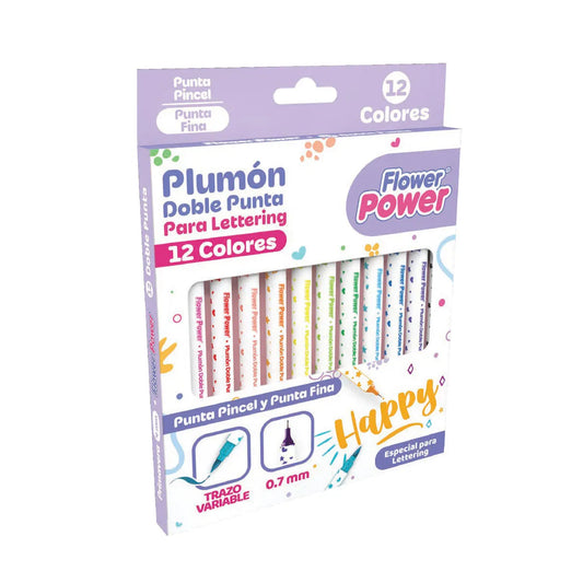 Caja De 12 Plumones Doble Punta Para Lettering Flower Power Happy